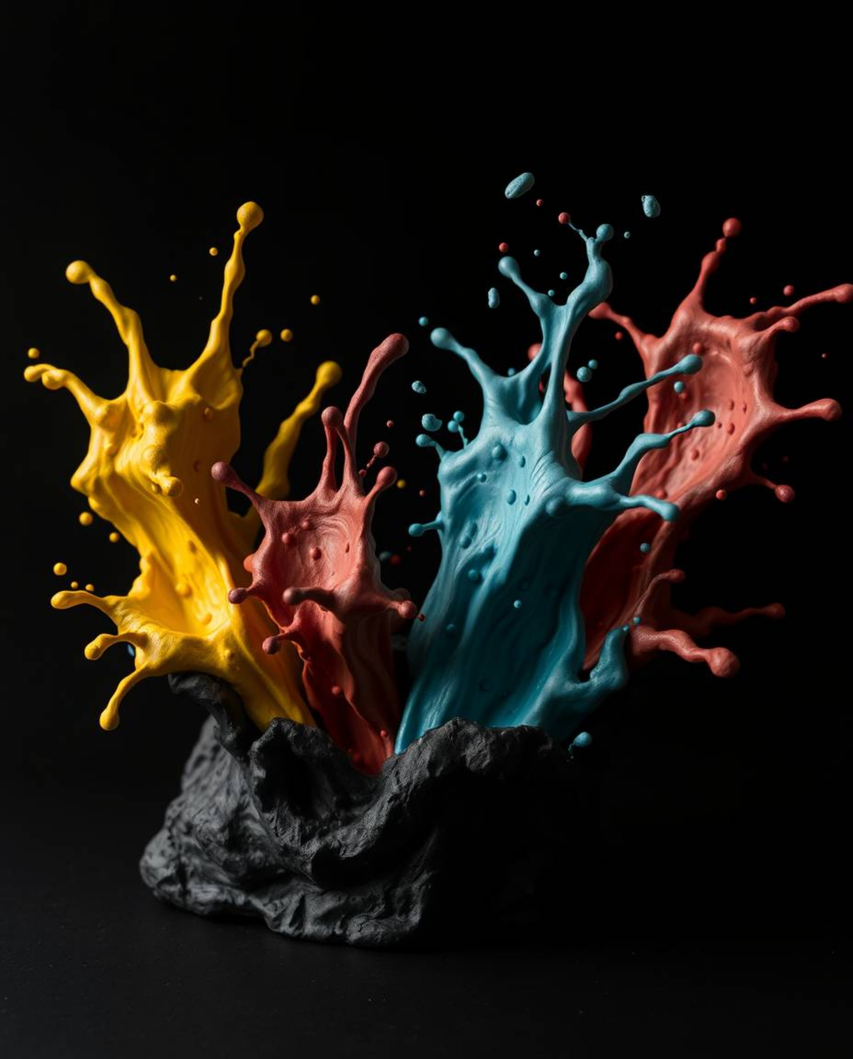This sculptural clay art piece captures dynamic colorful splashes frozen in motion against a striking black background.  The 