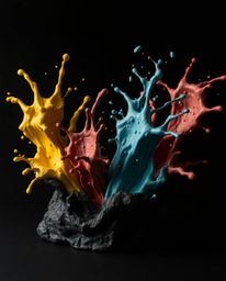 This sculptural clay art piece captures dynamic colorful splashes frozen in motion against a striking black background.  The 