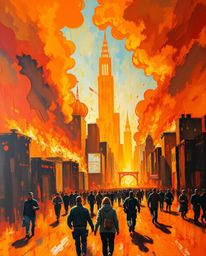 This bold acrylic painting depicts a city tragically engulfed in flames, with figures desperately fleeing the devastation.  T