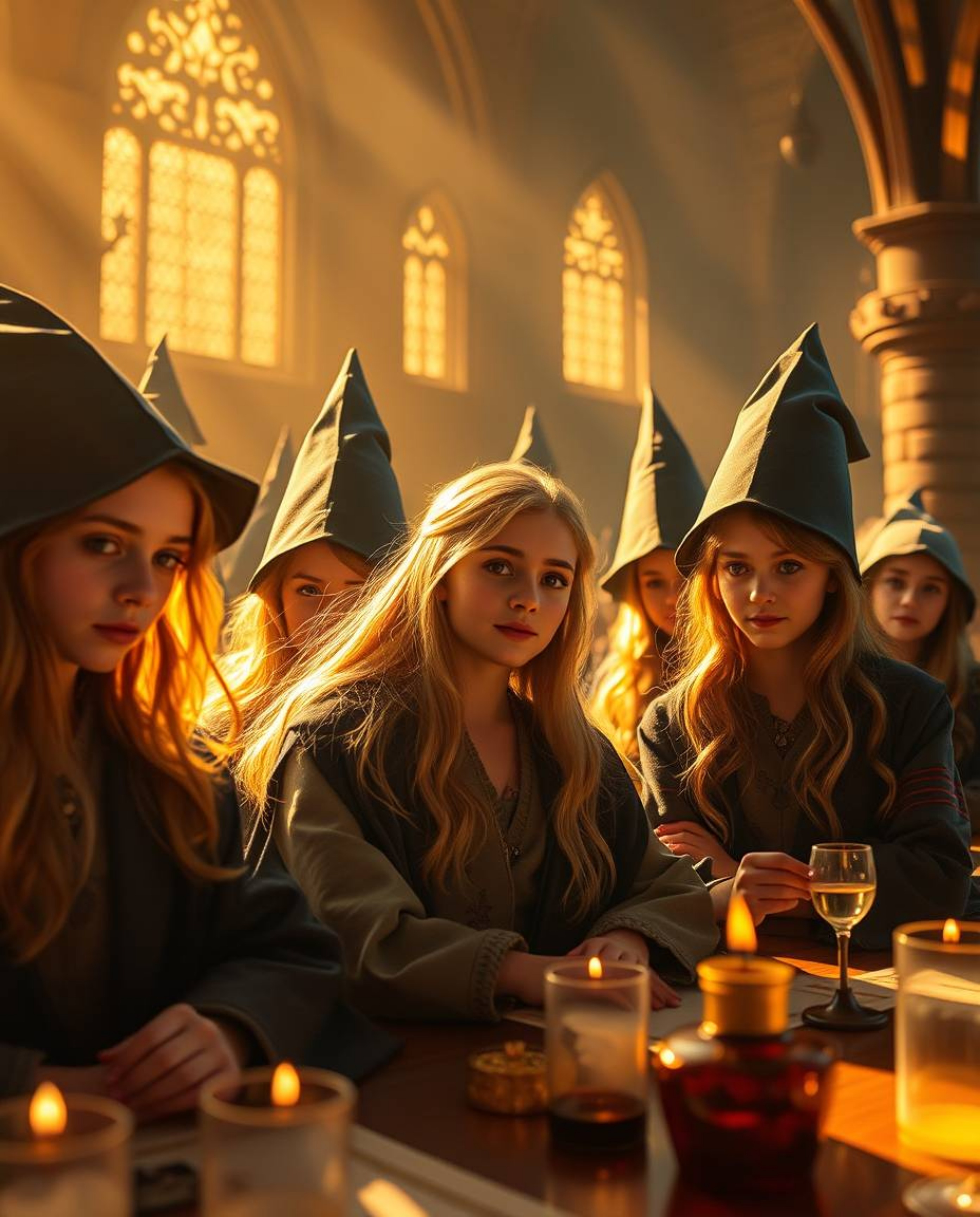 Immerse yourself in a magical school bathed in the warm, golden hour light, where young wizards hone their craft amidst iride