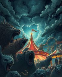 An Isekai anime-style illustration depicts a carnival violently and unexpectedly overtaken by wild animals under intensely dr