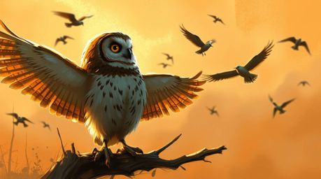A dynamic digital sketch bathed in warm golden hour light depicts a blind owl, rendered in a Pixar-esque style, teaching bird