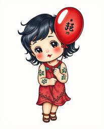 A vibrant retro-style traditional tattoo art print featuring a charming child with rosy cheeks and dark hair, joyfully holdin
