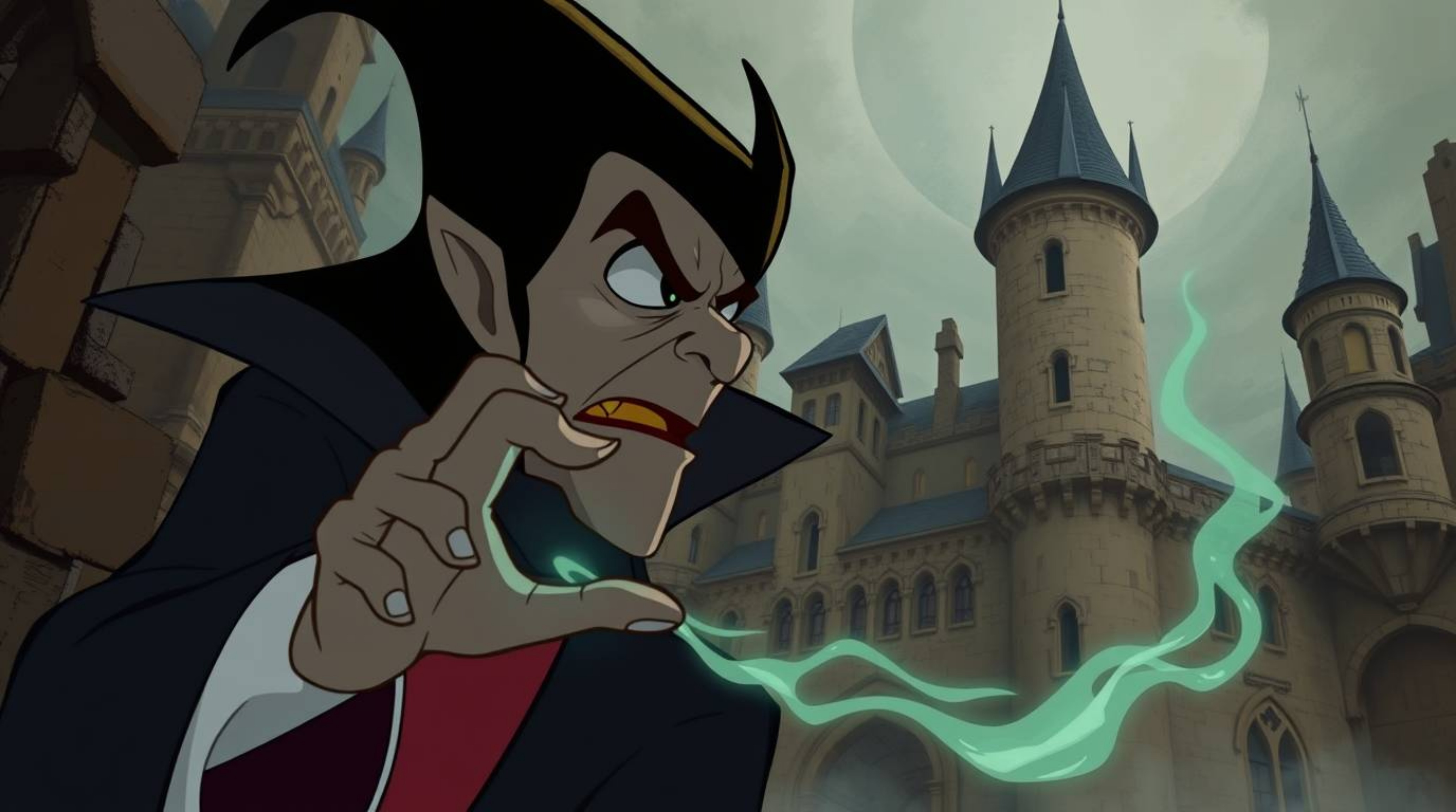 An image depicting a classic Disney villain with sharp features and pale skin, engrossed in casting a spell within the confin