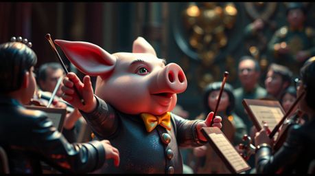 A dramatic cinematic artwork depicts a clay pig character conducting an orchestra.  The piece features vibrant iridescent col