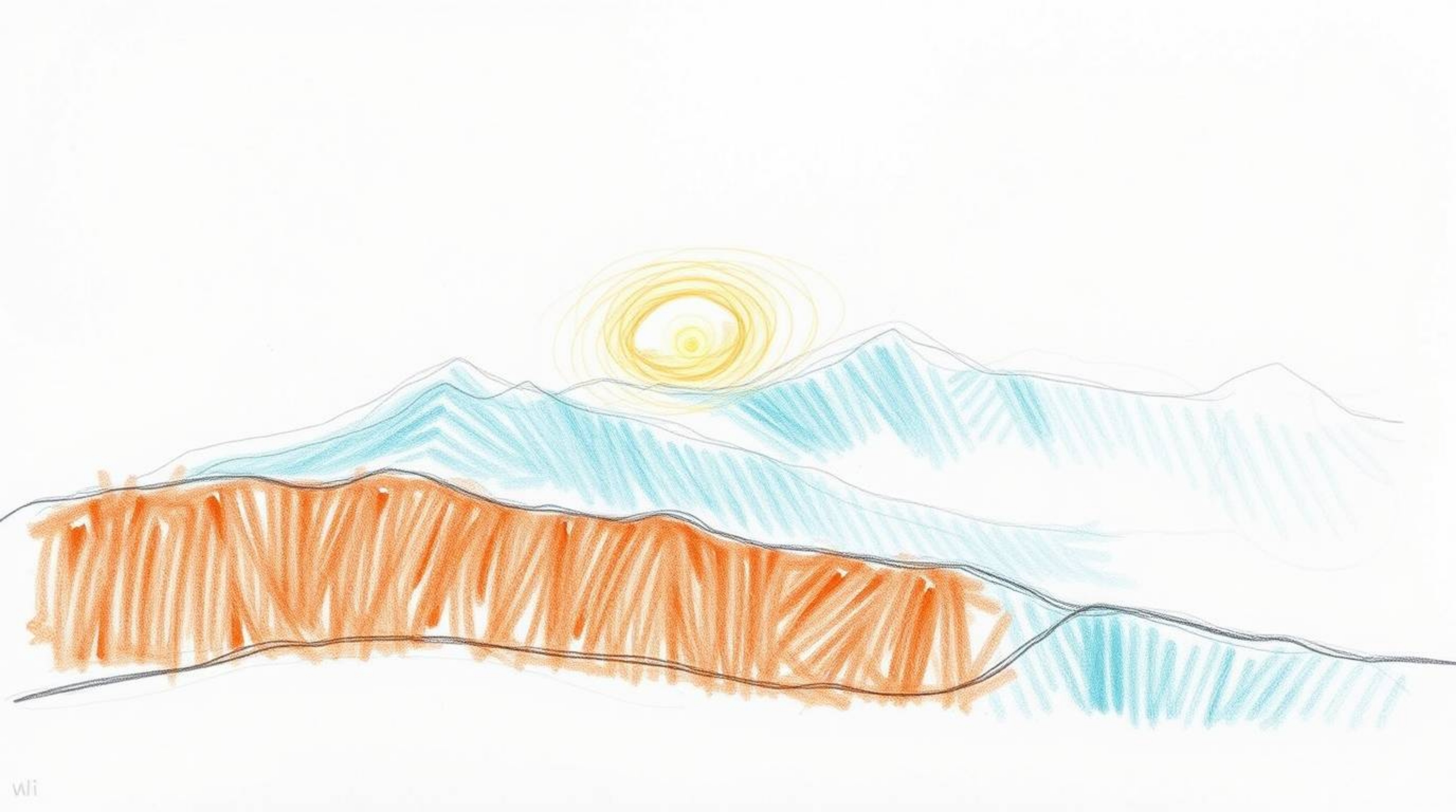 A captivating hand-drawn sketch depicts fog-laden hills bathed in the warm glow of a breaking sunset.  The artwork utilizes a