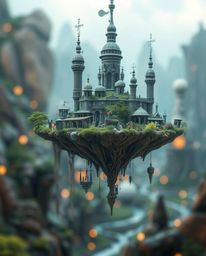 Explore a dreamlike and surreal floating island, showcasing bizarre scenes and strange architecture with a sharp subject focu