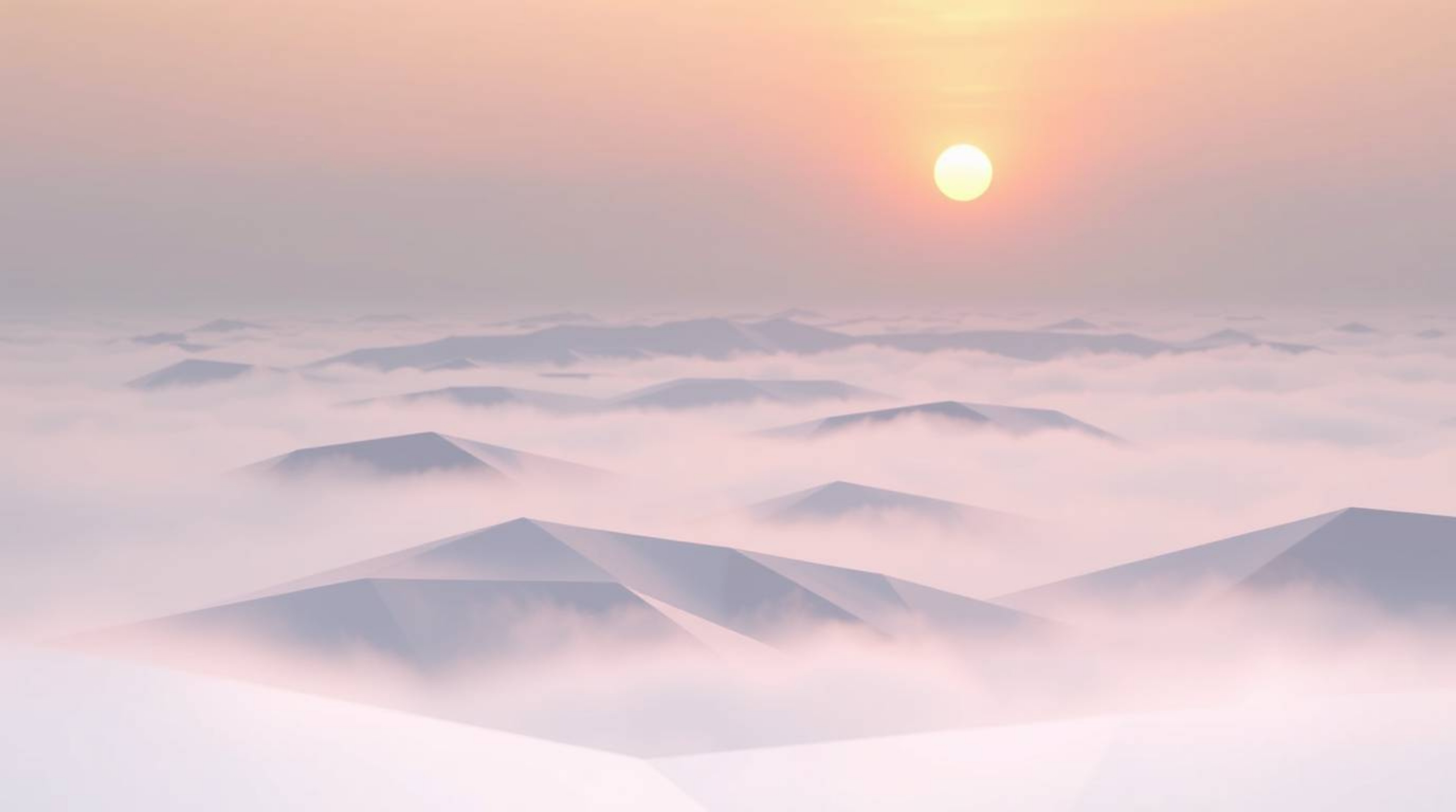 A soft and dreamy image featuring fog-covered hills at sunset, meticulously rendered in an intricate origami style. The compo