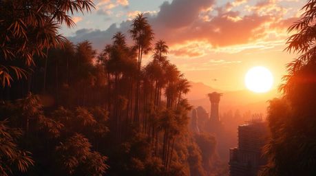 Experience a grand and epic scene set in a futuristic sci-fi bamboo forest, bathed in the golden hues of a warm sunset. Advan