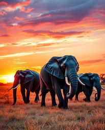 Elephants walking across a field at sunset, vibrant complementary colors, graceful elegant pose, refined features, contrastin