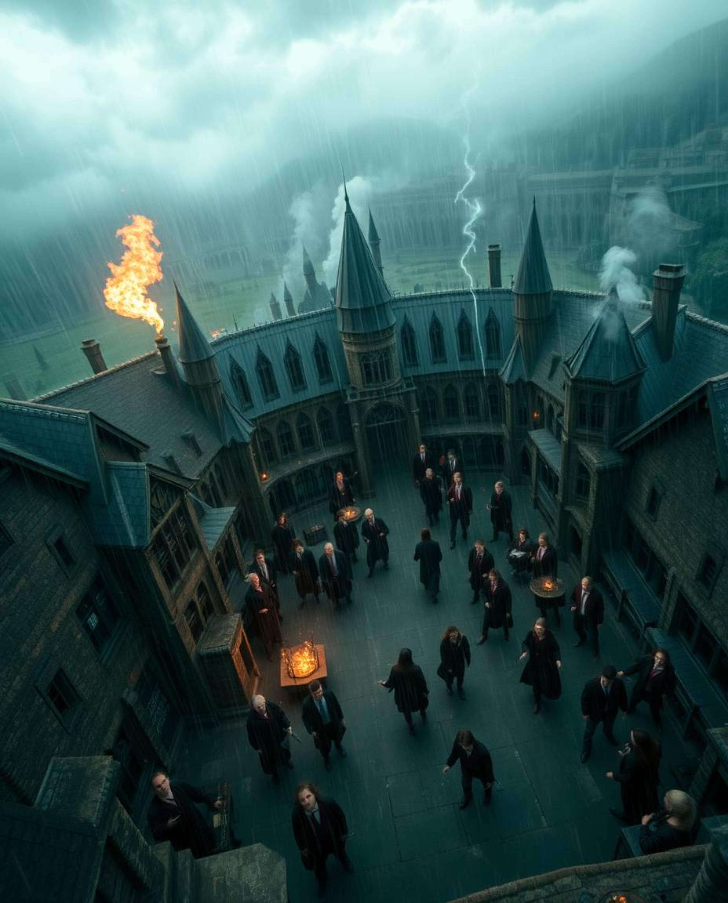 Experience a breathtaking bird's-eye view of a magical school teeming with young wizards, all captured under dramatically int