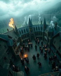 Experience a breathtaking bird's-eye view of a magical school teeming with young wizards, all captured under dramatically int
