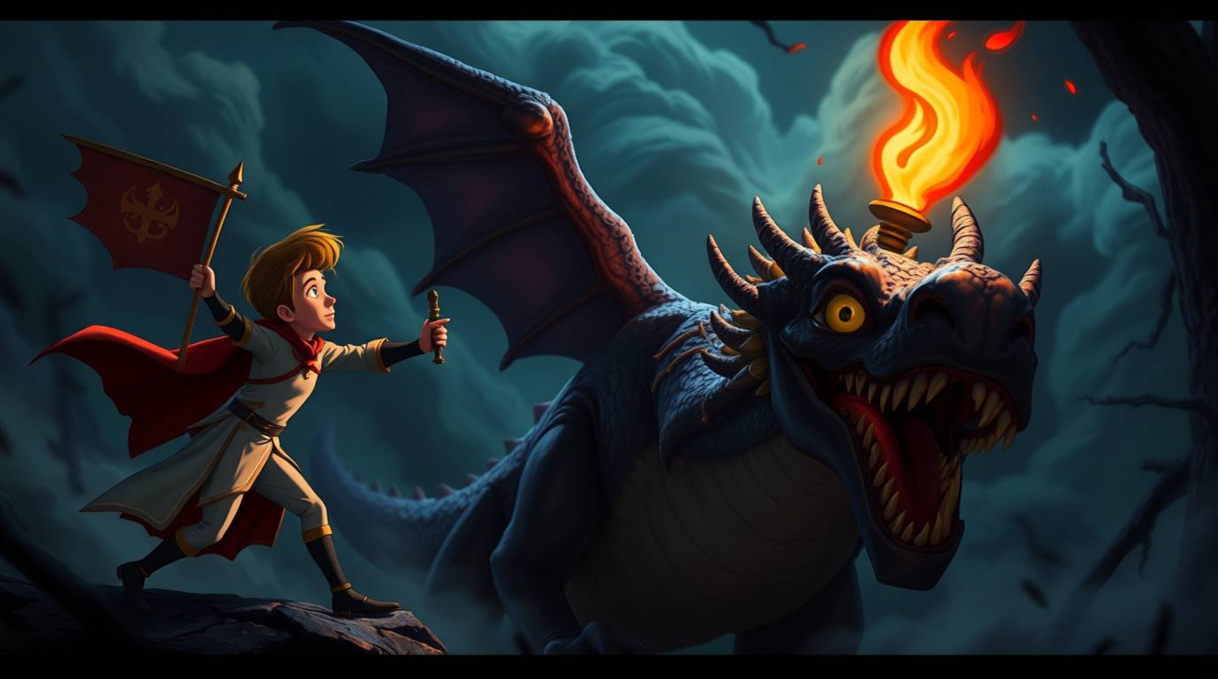 A captivating 1950s-style animation depicting a charming prince battling a fearsome dragon.  Rendered in a surreal, dreamlike
