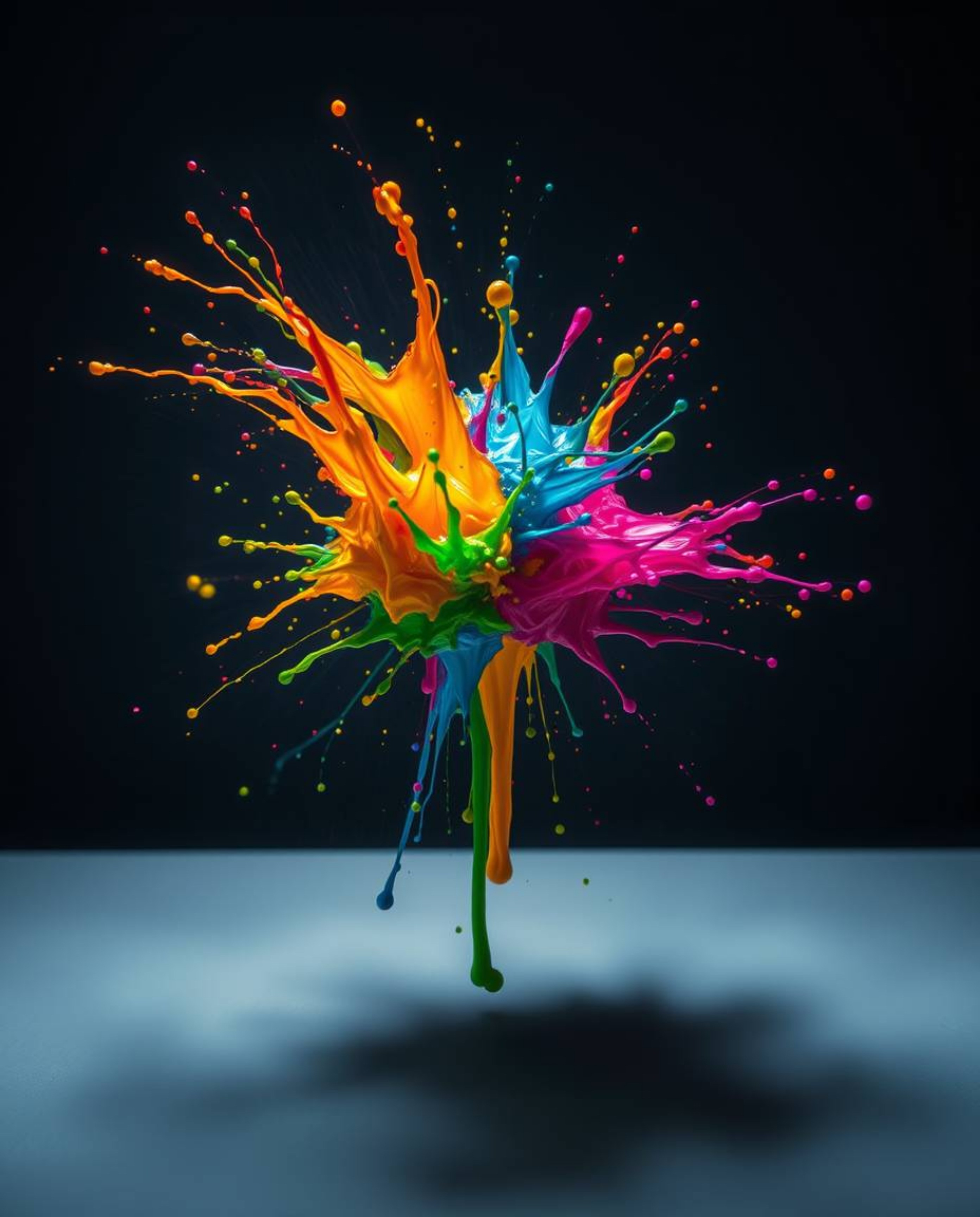 Explore the captivating beauty of a colorful paint splash frozen in mid-air, meticulously captured with a high-speed camera a