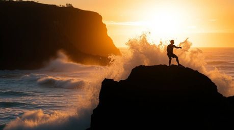 Capture the dynamic motion of waves crashing against cliffs under a vibrant sunset, utilizing silhouetted backlighting for a 