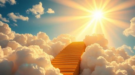 A breathtaking digital artwork depicts a golden staircase ascending through clouds towards a radiant heaven.  Sunlight pierce