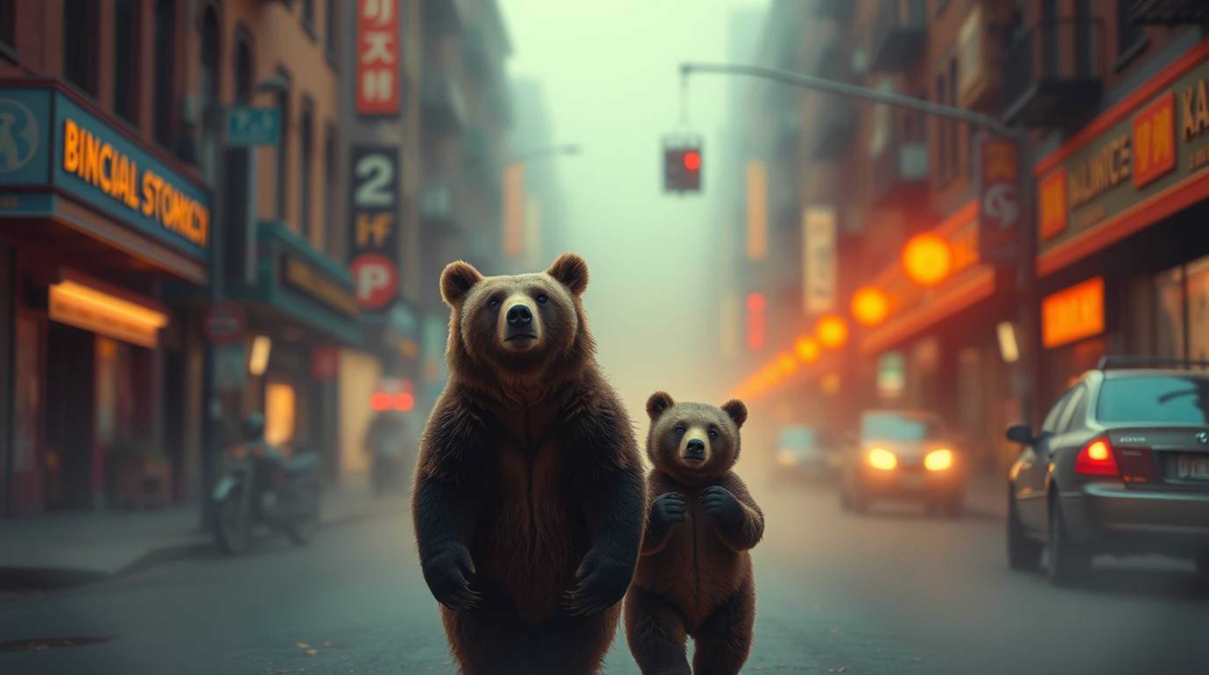 Experience a cinematic journey with a bear family as they embark on an urban adventure. Rendered in warm reds, oranges, and y