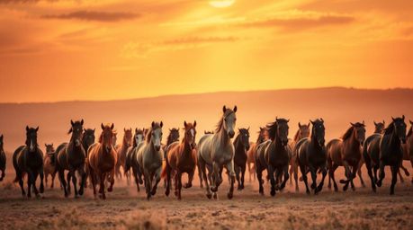 A stunning professional fine art photograph captures a herd of wild horses in full gallop beneath a breathtaking warm golden 
