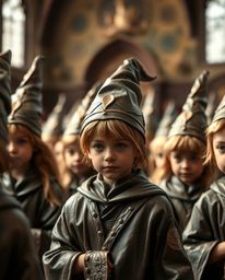 Discover a captivating image of a magical school filled with young wizards, rendered in a striking bronze finish.  A blurred 