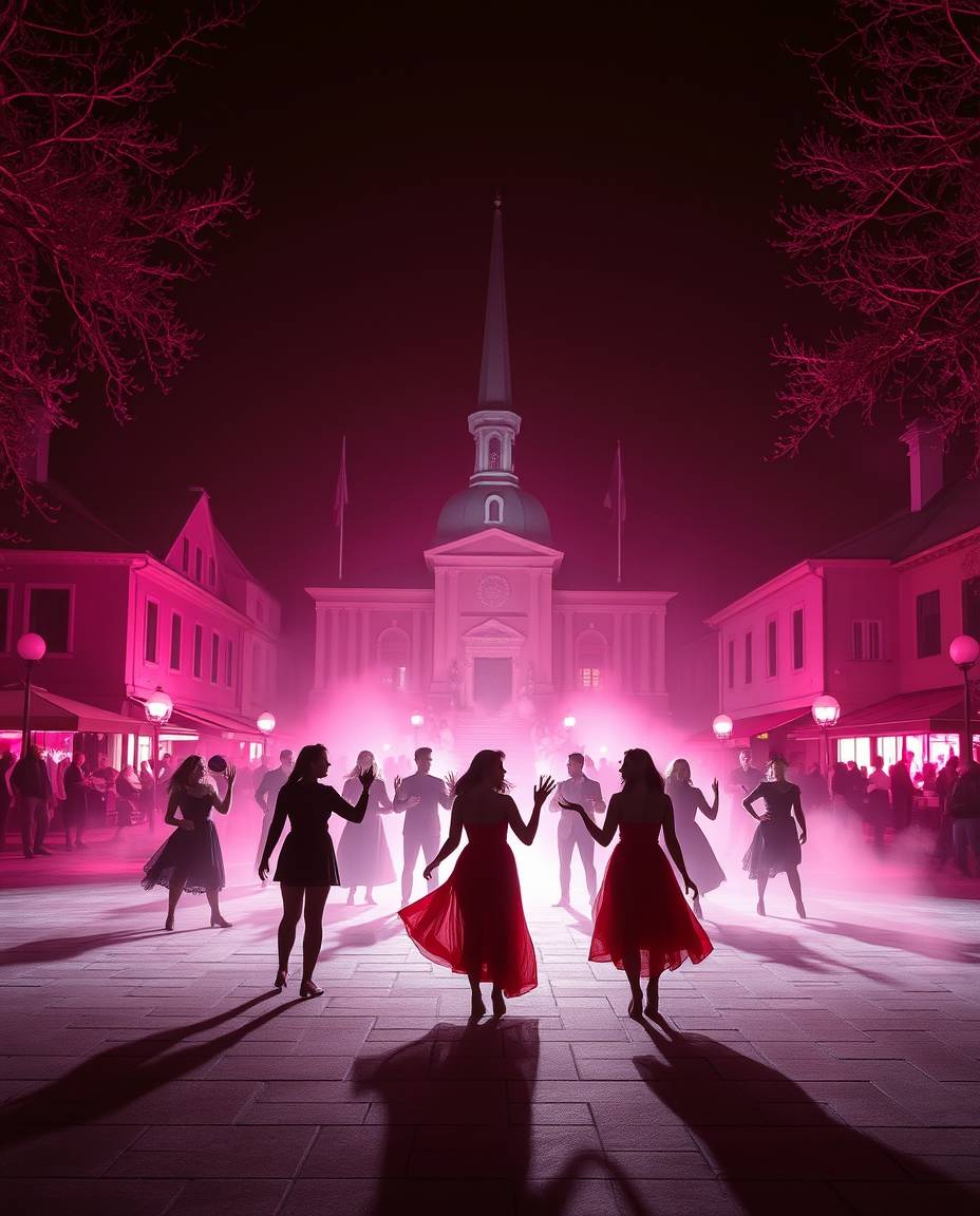 Experience a vibrant musical performance set in a brightly lit town square, where silhouetted figures are dramatically backli