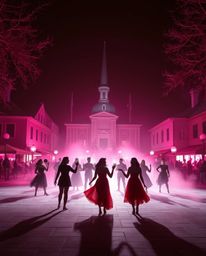 Experience a vibrant musical performance set in a brightly lit town square, where silhouetted figures are dramatically backli