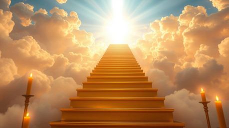 A breathtaking image depicts a golden staircase ascending through ethereal clouds towards a glowing heaven.  Sunlight pierces