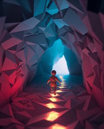 A surreal and captivating image depicting a child embarking on an otherworldly adventure, following glowing footsteps deep in