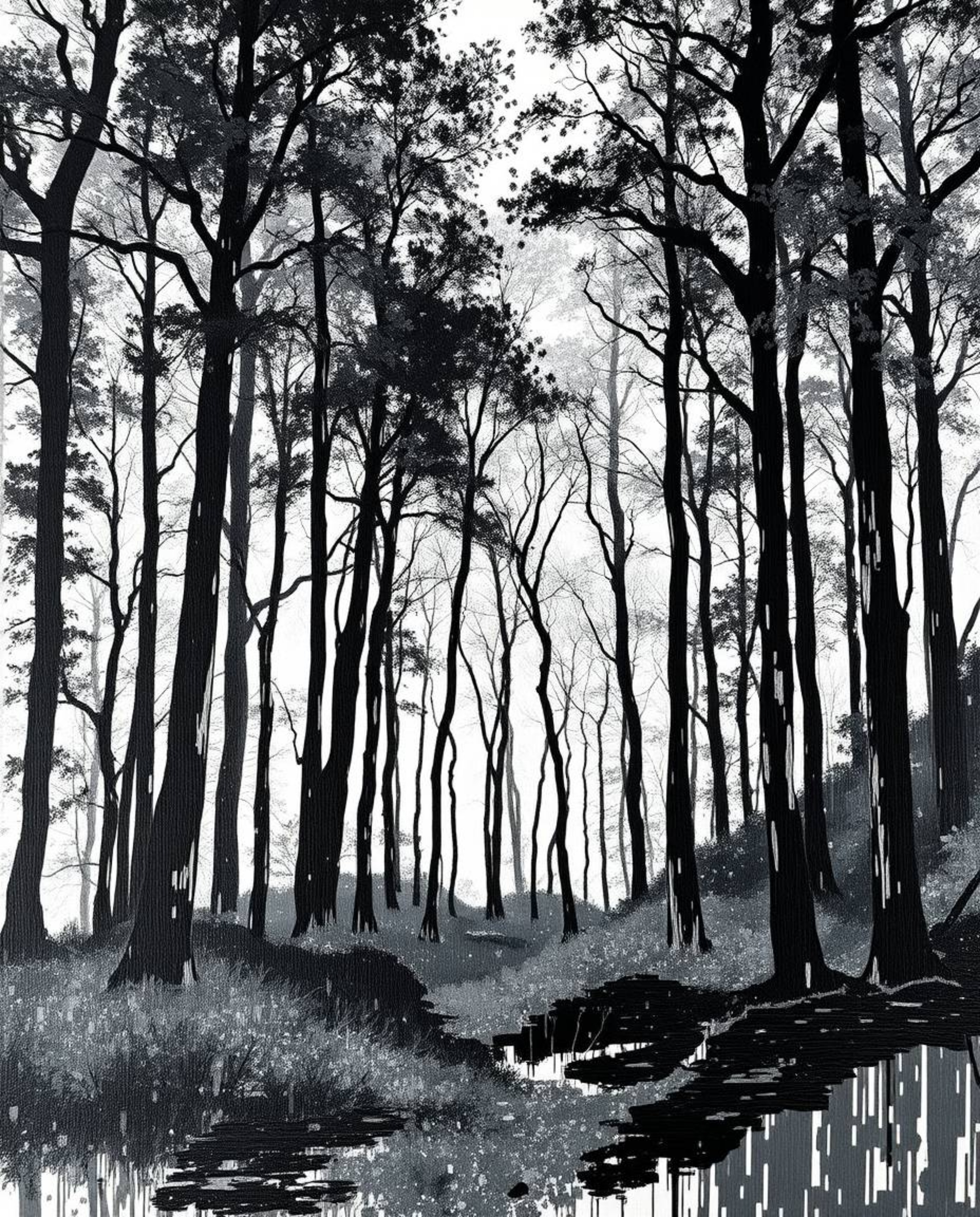 A classic black and white acrylic painting captures a captivating digital glitch effect layered over a natural forest scene. 