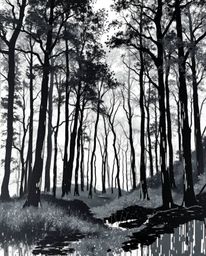 A classic black and white acrylic painting captures a captivating digital glitch effect layered over a natural forest scene. 