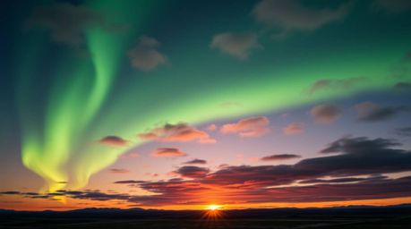 A stunning high-resolution stock photo captures the moment the Northern Lights begin to emerge over a vibrant sunset sky.  Th