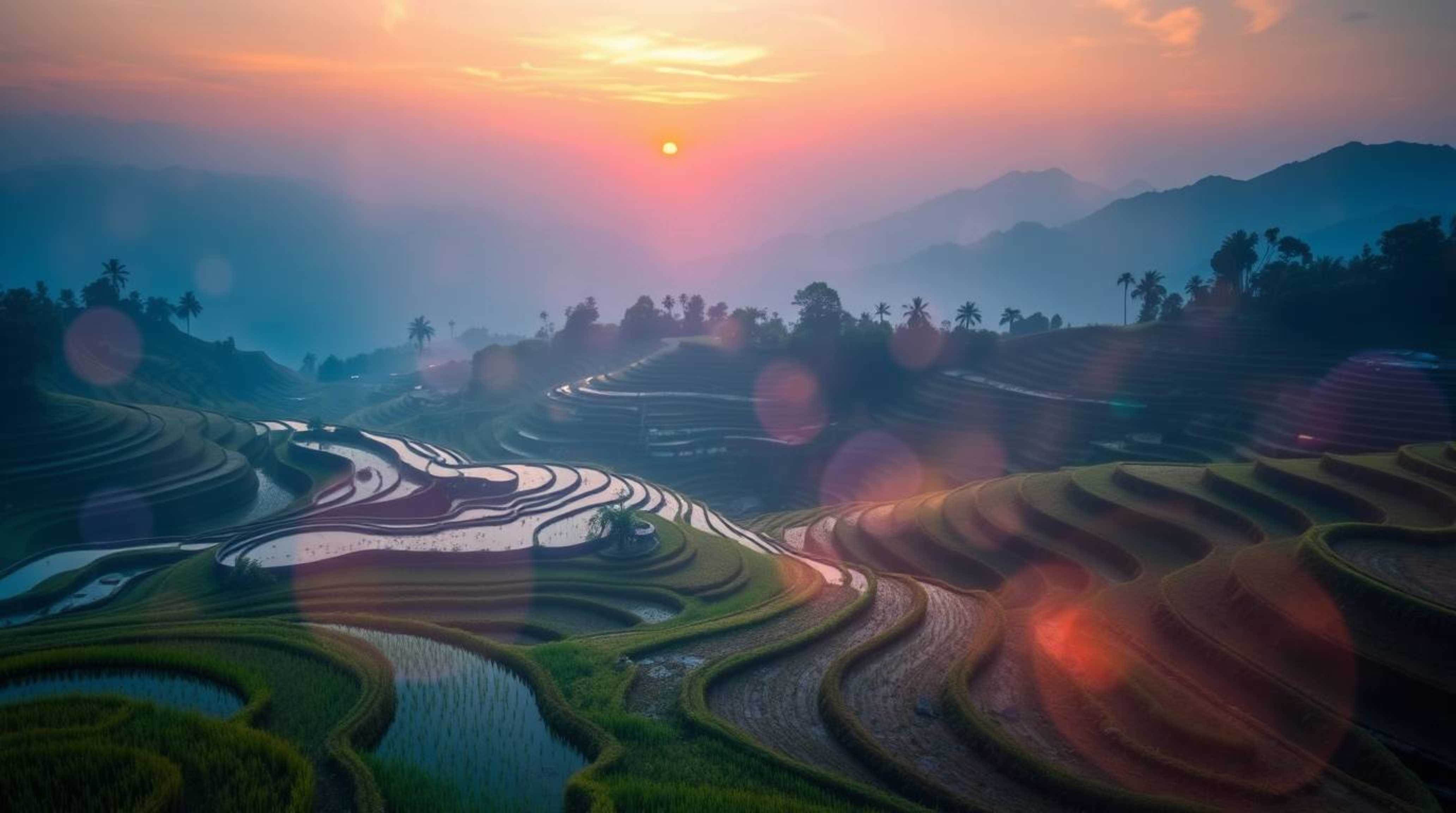 Experience the ethereal beauty of a sunset over stunning rice terraces.  This artistic light painting creates an abstract and