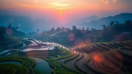 Experience the ethereal beauty of a sunset over stunning rice terraces.  This artistic light painting creates an abstract and