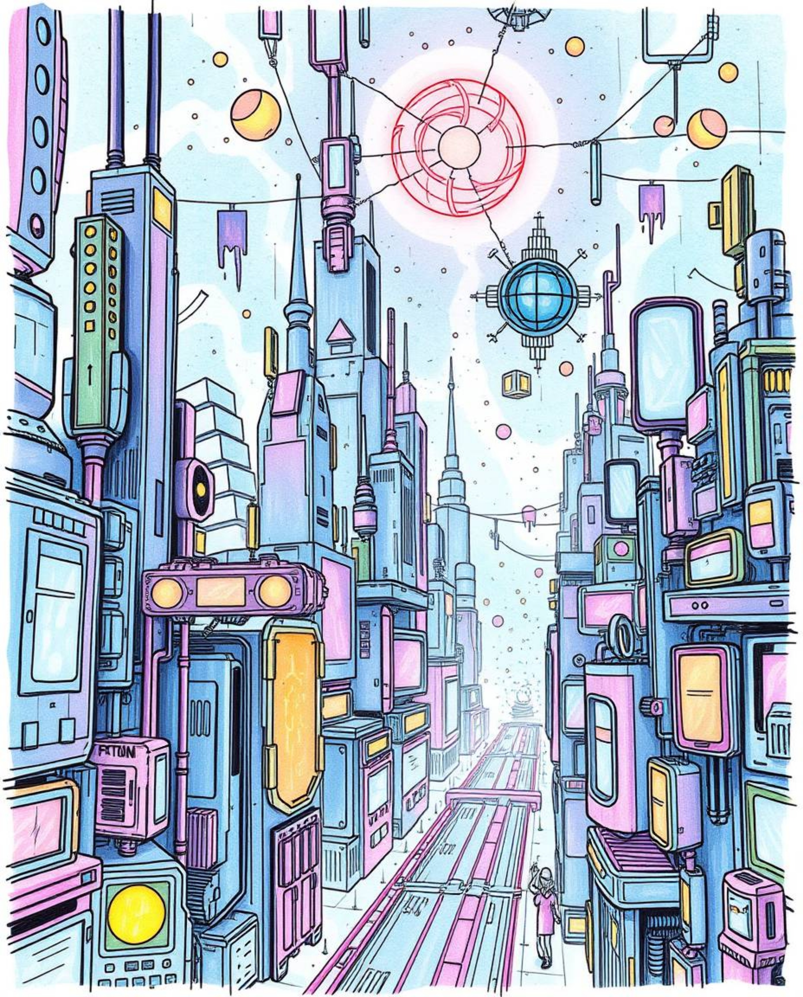 A hand-drawn sketchnote depicts a futuristic city experiencing a glitch, with flickering lights and broken holograms.  The ar