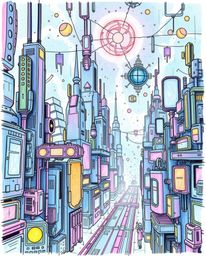 A hand-drawn sketchnote depicts a futuristic city experiencing a glitch, with flickering lights and broken holograms.  The ar