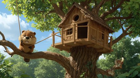 A highly detailed, high-resolution stock photo features a friendly, anthropomorphic beaver, reminiscent of Pixar characters, 