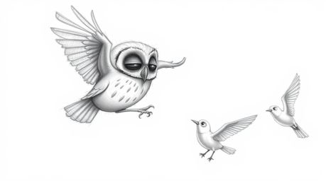 A charming Pixar-style pencil sketch depicting a blind owl with subtly textured feathers guiding birds in flight. The artwork