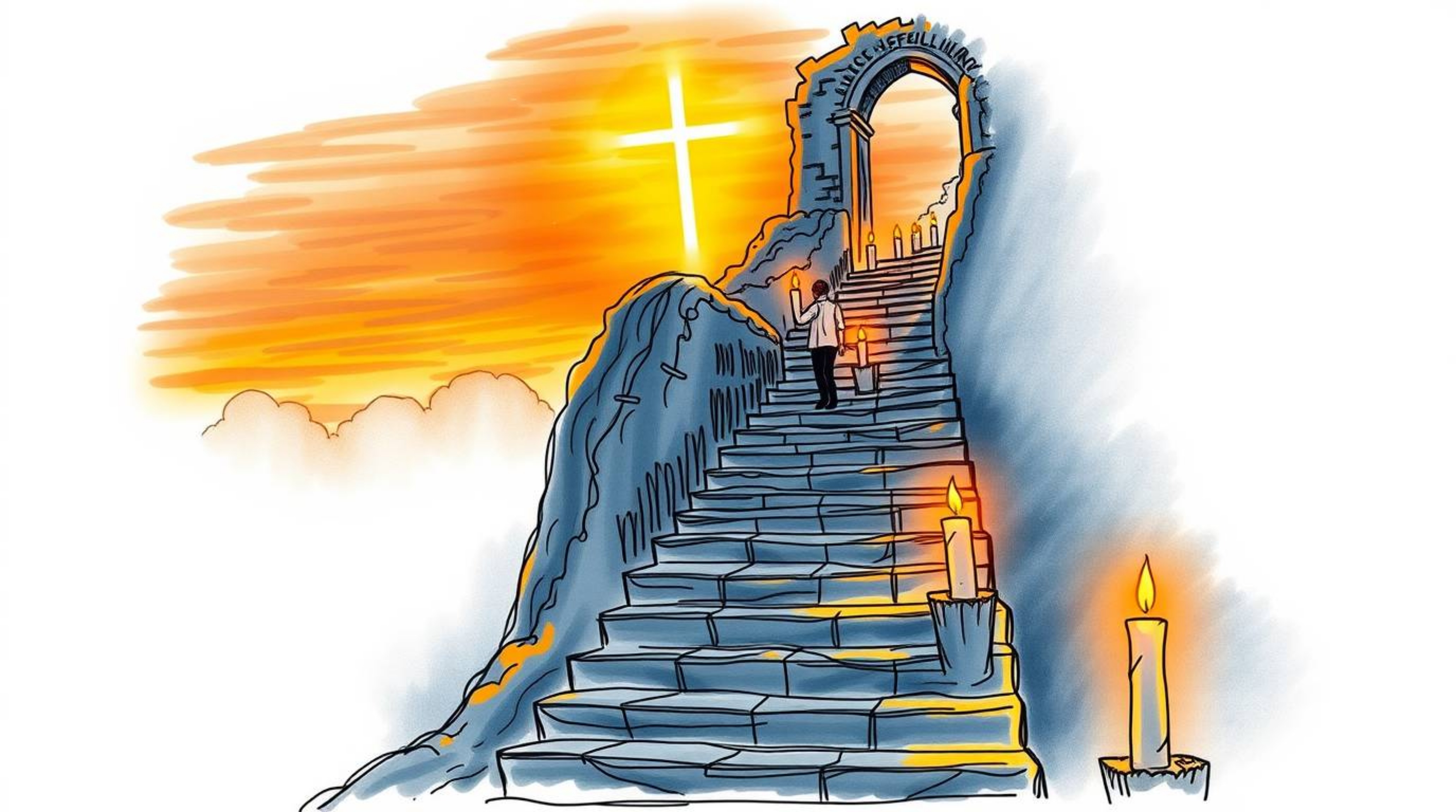 A hand-drawn color sketchnote showcasing a lone figure's ascent up a stone staircase towards a radiant beam of divine light. 