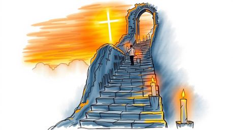 A hand-drawn color sketchnote showcasing a lone figure's ascent up a stone staircase towards a radiant beam of divine light. 