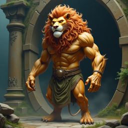 Behold a majestic, mythical creature – a powerful being with the upper body of a muscular human and the lower body of a lion 