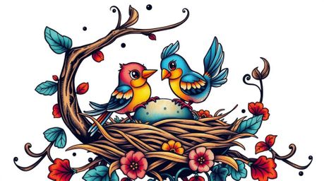 This print features a traditional tattoo art style depicting two charming cartoon birds diligently building a nest. Rendered