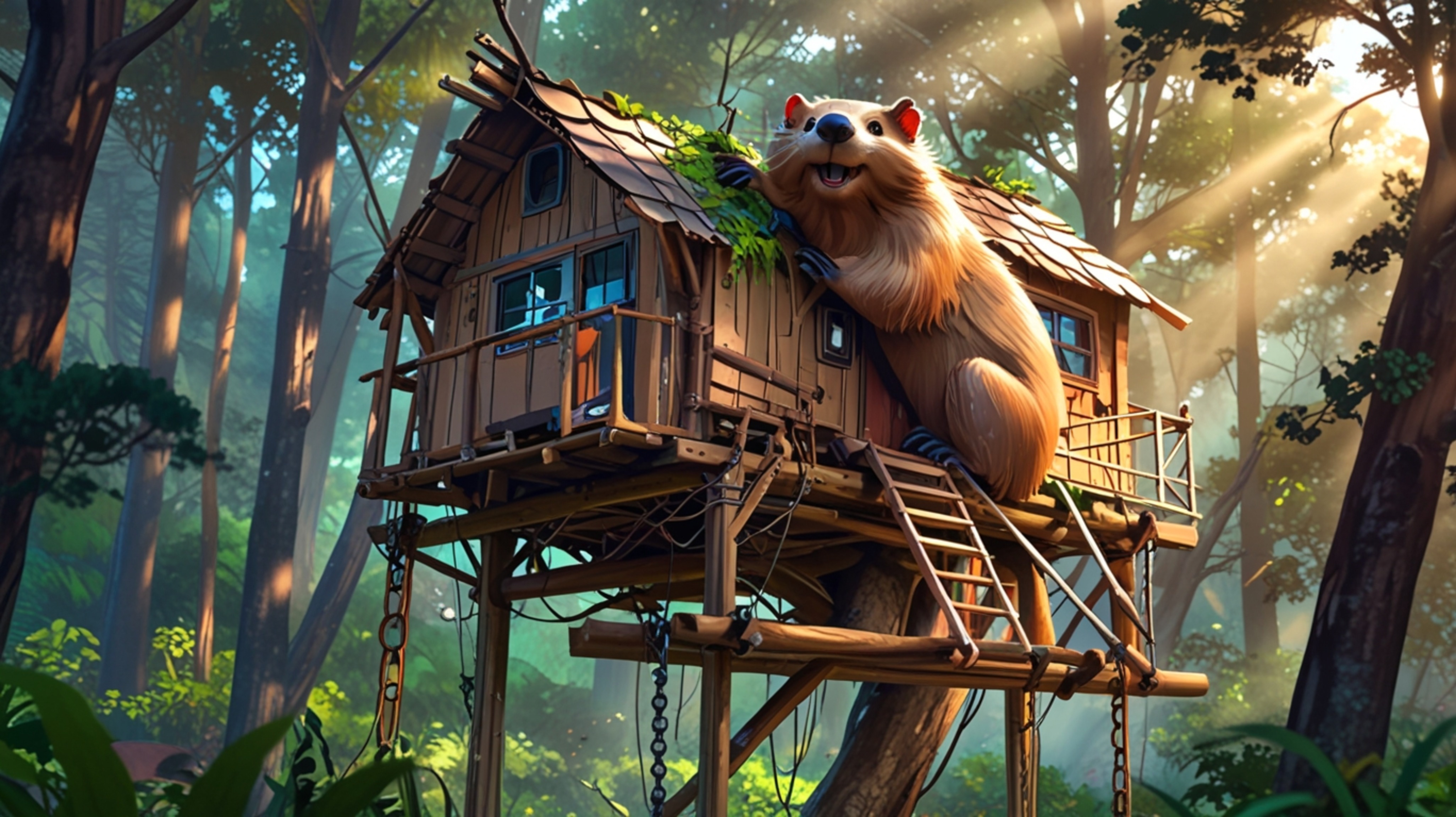 In a whimsical scene that blends the styles of Pixar and anime, a beaver is depicted building the perfect treehouse for orpha
