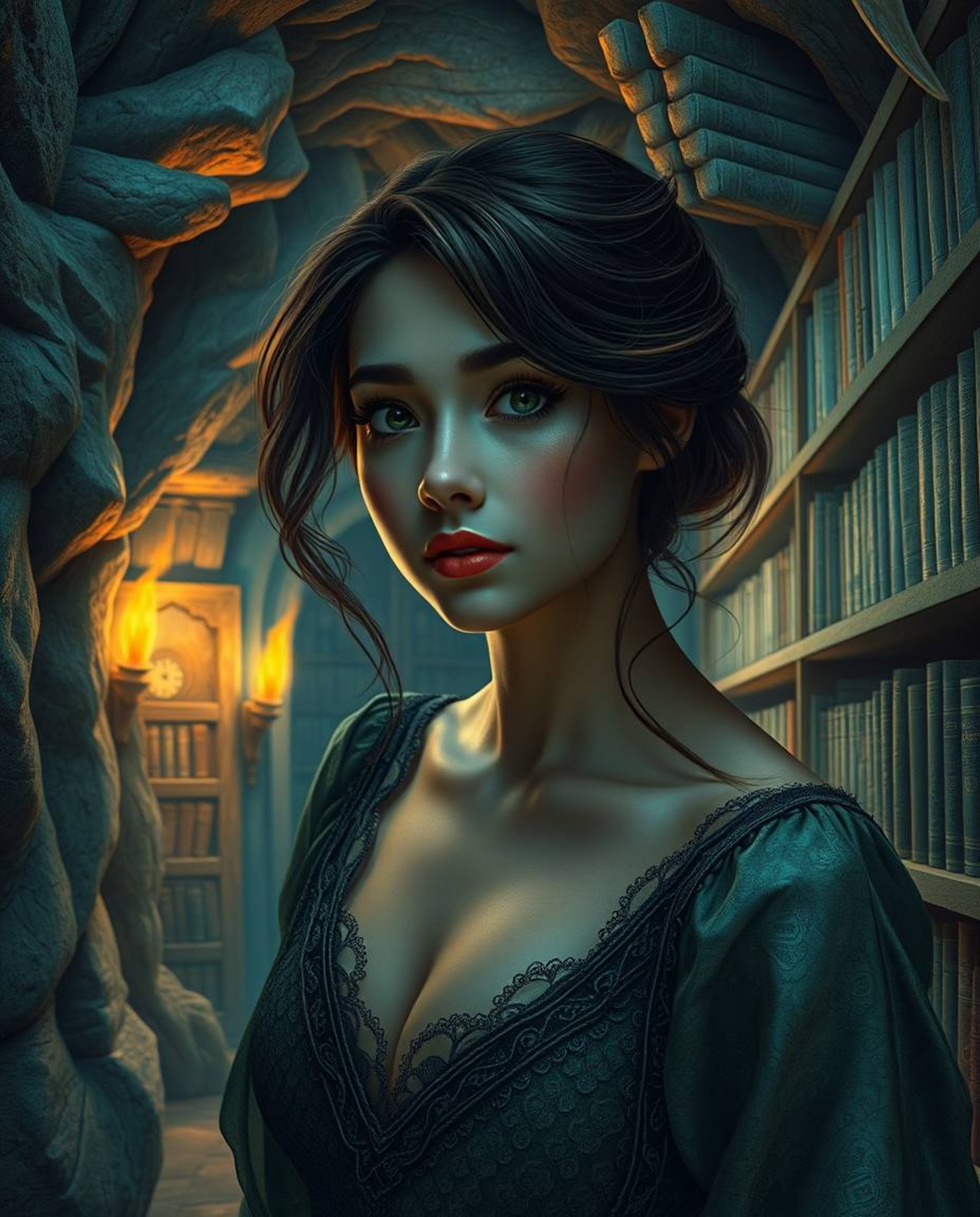 Imagine a person with refined features stumbling upon a hidden underground library within a dreamlike realm. The scene is bat
