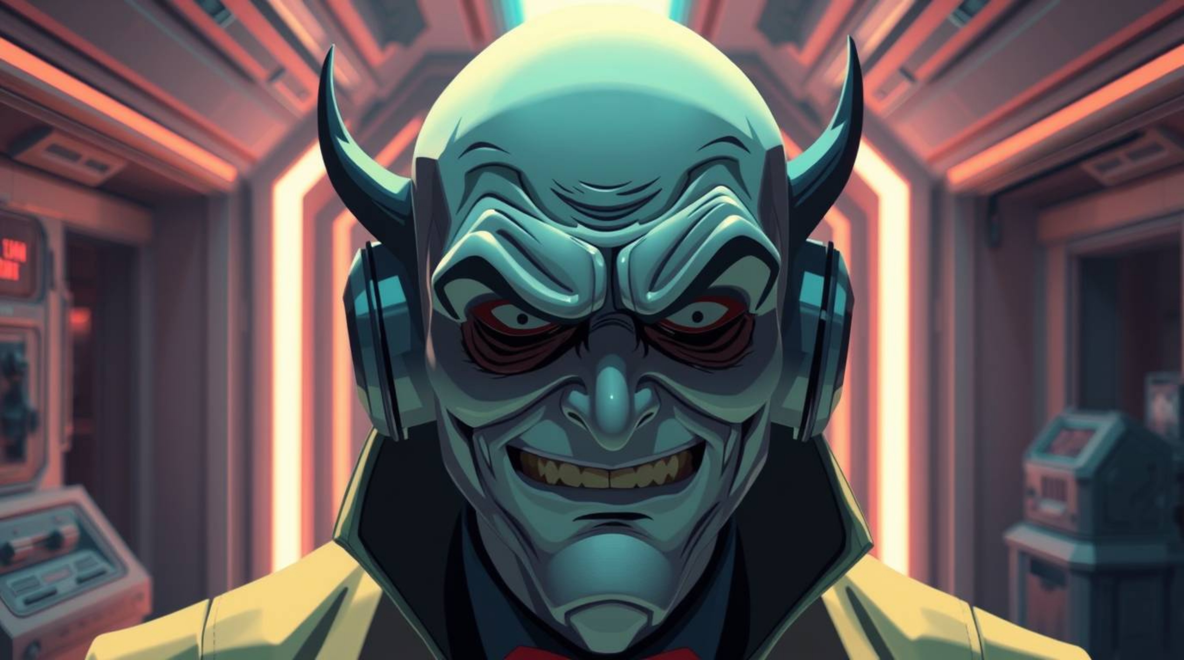 A distressed villain with dark circles experiences a funny breakdown within a high-tech lair. The image features soft pastel 