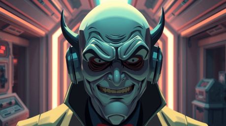 A distressed villain with dark circles experiences a funny breakdown within a high-tech lair. The image features soft pastel 