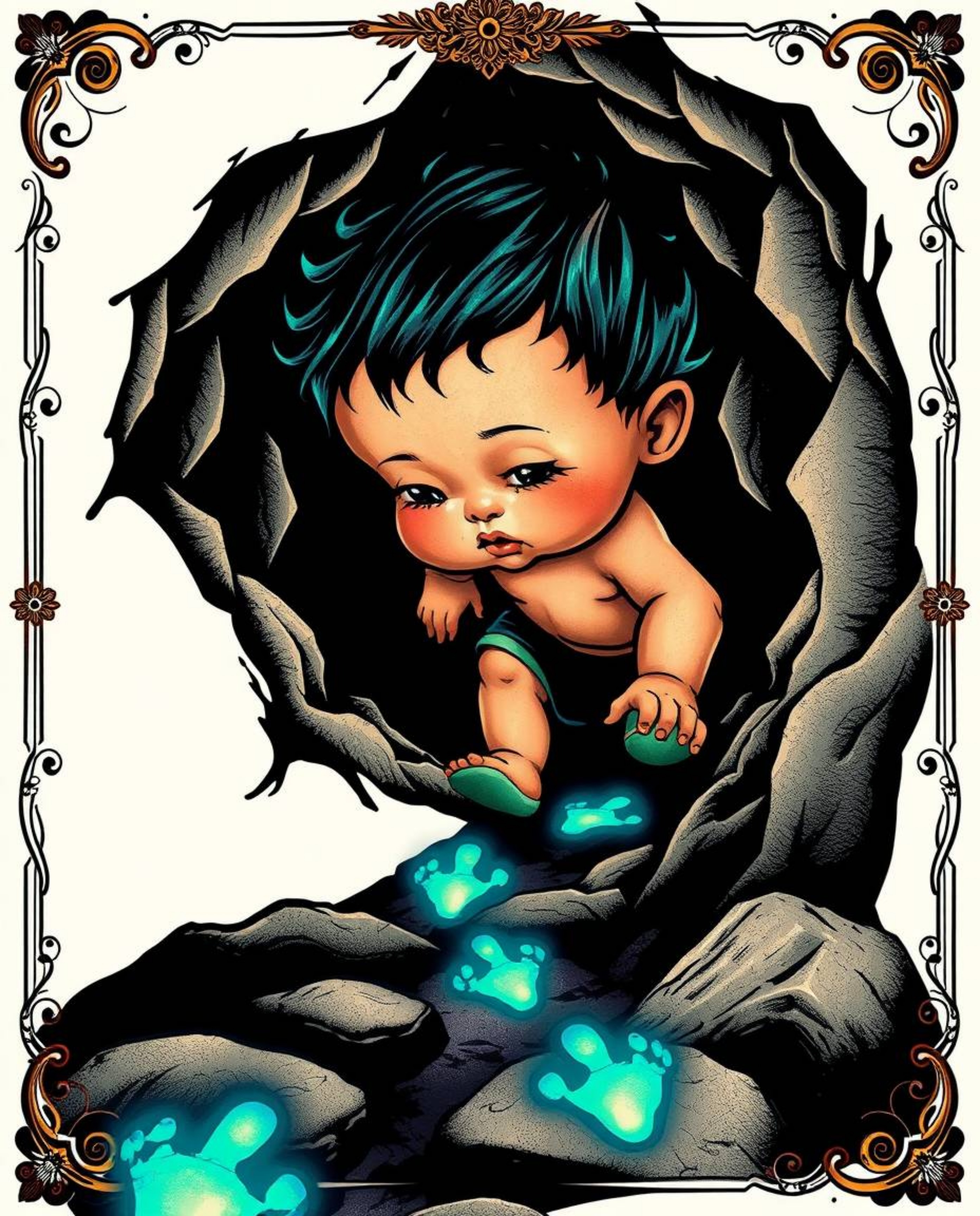 This vibrant, retro-style traditional tattoo art print features a child with light brown skin and dark hair embarking on an a