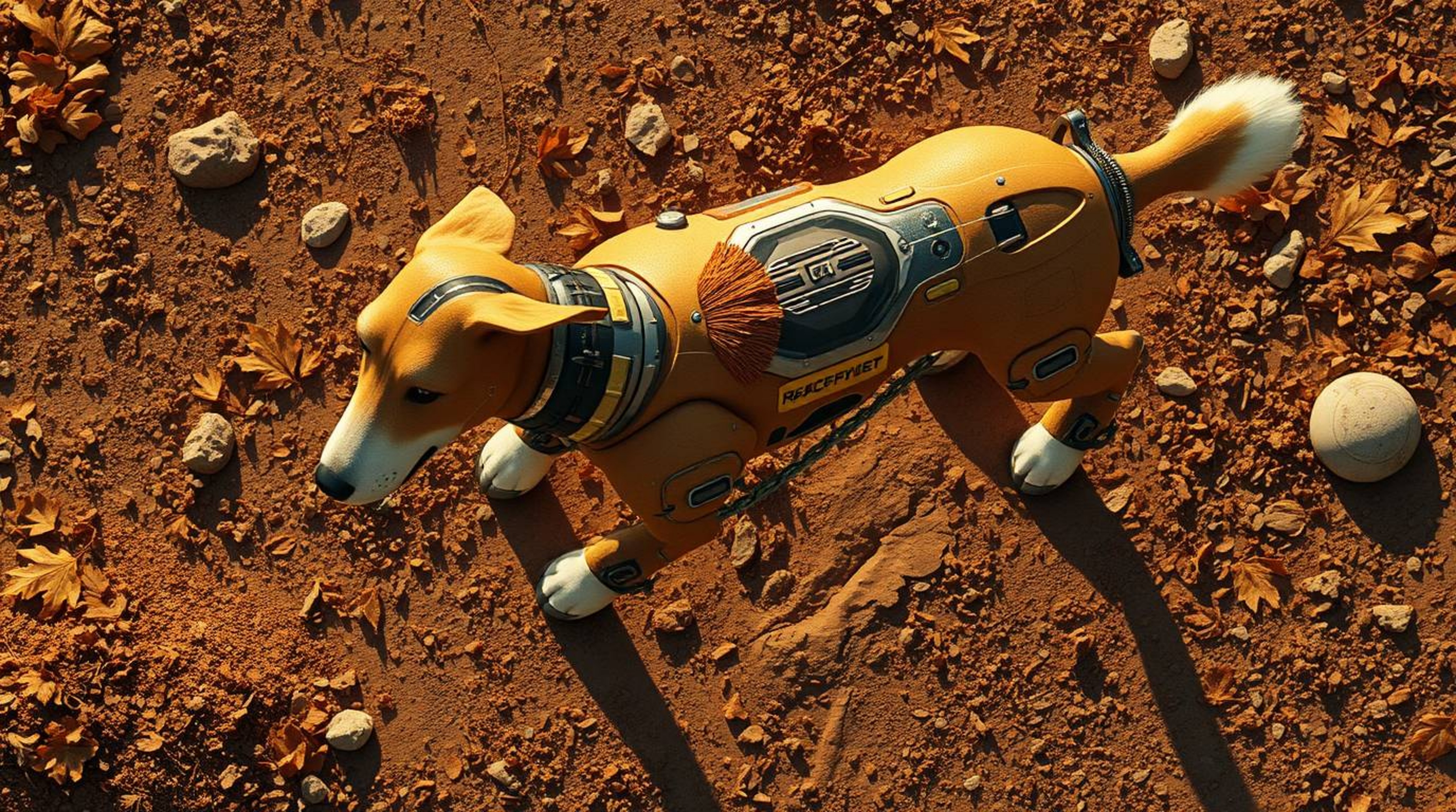 Imagine a futuristic dog, self-sufficiently walking in the vastness of space, captured from a bird's eye view. The scene is p