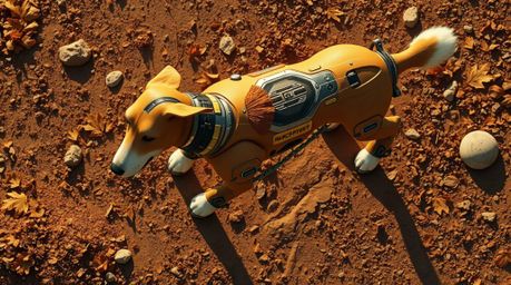 Imagine a futuristic dog, self-sufficiently walking in the vastness of space, captured from a bird's eye view. The scene is p