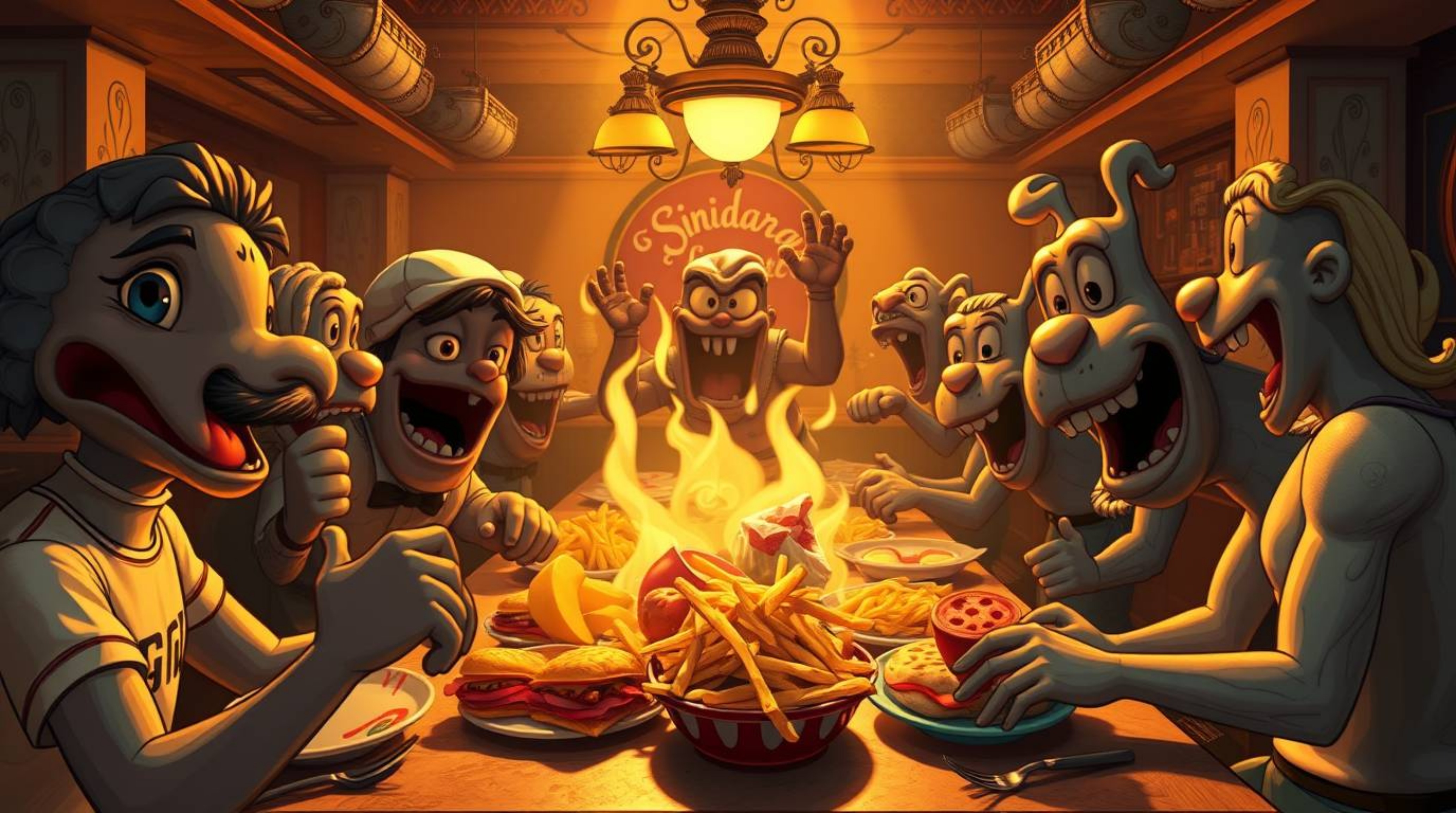 A captivating bronze sculpture depicts a chaotic yet vibrant cartoon food fight within a cafeteria setting.  The warm, golden