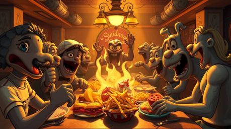 A captivating bronze sculpture depicts a chaotic yet vibrant cartoon food fight within a cafeteria setting.  The warm, golden