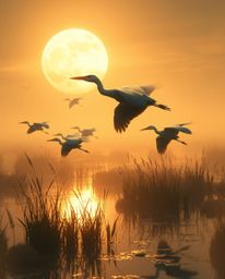 A digital painting of herons flying in a golden hour wetlands scene, reimagined in a futuristic sci-fi style. This artwork is